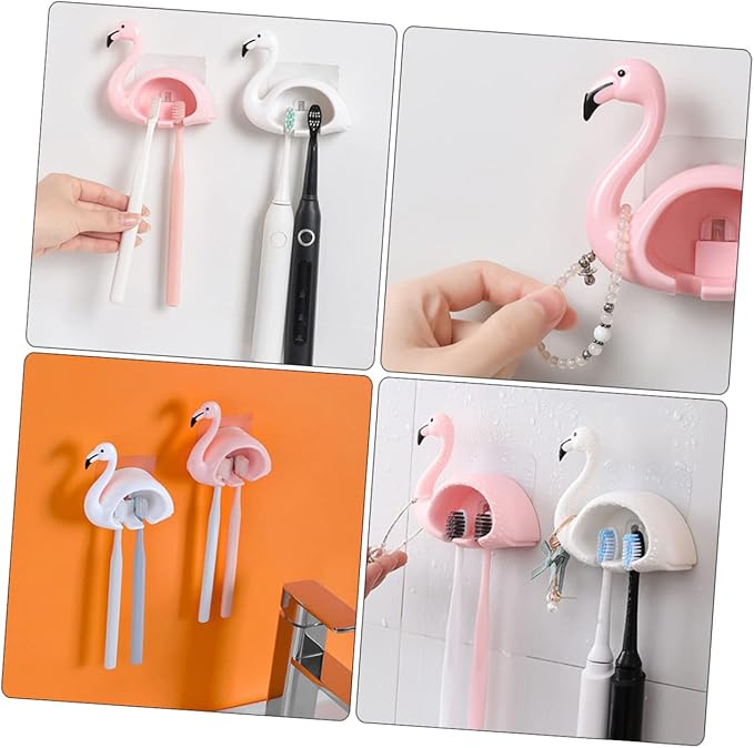 Unomor 2pcs Flamingo Toothbrush Holder Wall Mounted Electric Brush Organizer Punch Installation Cute Cartoon Design for Bathroom Storage and Family Use