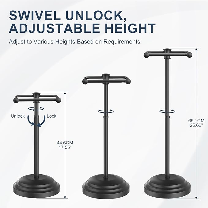 Bathroom Toilet Paper Holder Stand, Matte Black Toilet Paper Holder Free Standing, Stainless Steel Pivoting Toilet Tissue Roll Holder，Adjustable Height (14 to 24 Inch) Paper Holder