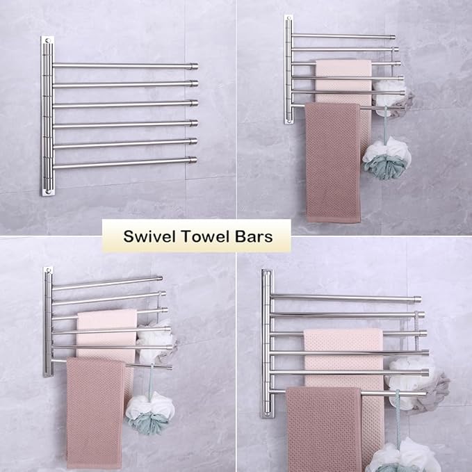 Towel Holder Swing Out Towel Bar Stainless Steel Bathroom Hand Towel Rack 6-Bar Folding Arm Swivel Hanger Wall Mount Polished Finish