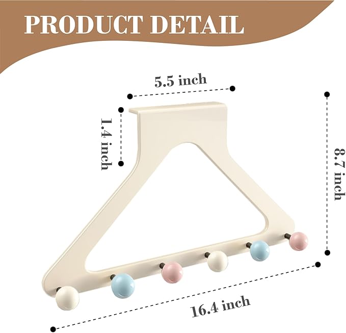 HGZBS Pastel Over Door Hooks with Damage-Free Adhesive Mount, 6 Heavy Duty Hooks 8.7 Inch Height No Drill for Coats & Robes (Macaron, Regular)