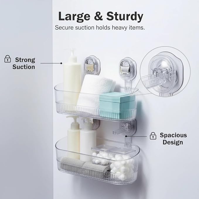 No Drill Bathroom Organizer with Strong Suction Cups, Heavy Duty Shower Organizer Holds 10lbs, Bathroom Shelf for Shampoo, Soap, Razor, Toothbrush (tawny)