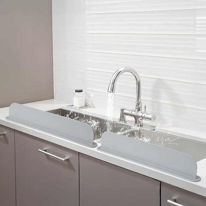 19.29 inch Kitchen Sink Splash Guard, Silicone Sink Baffle Splash Guard, Backsplash Protector for Kitchen Countertop & Bathroom Bathtub with Non-Slip Strong Suction, Gray, Pack of 2