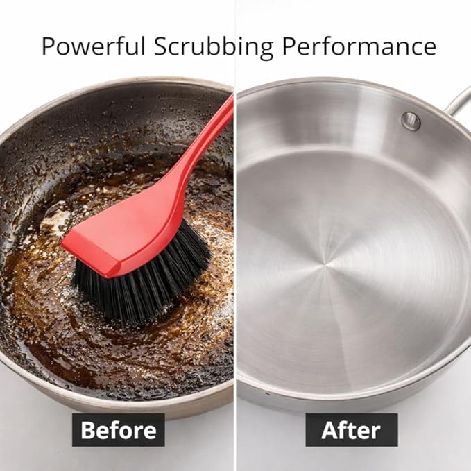 High Power Scrub Brush, Red & Black Heavy Duty Cleaning Brush with Long Handle, 3.75 Inch Wide Bristles for Bathroom, Kitchen, Tile, Grout & Tough Messes