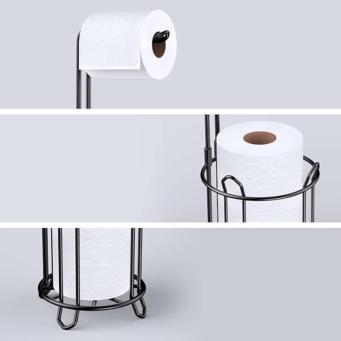 Meangood Freestanding Toilet Paper Holder Stand and Tissue Paper Roll Dispenser, Bathromm Storage Organization-Holds 4 Rolls -Metal Wire Black
