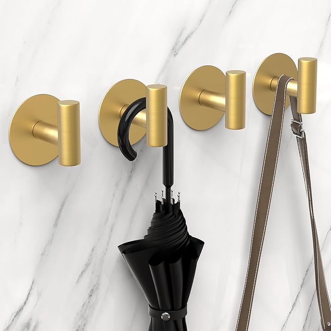 PMMASTO Adhesive Hooks, Matte Stainless Steel Sticky Hooks for Hanging, Self Adhesive Shower Wall Hooks, Towel Hooks Heavy Duty for Bathroom, Bedroom RV and Kitchen (Gold “T ”Shape 2PC-R)