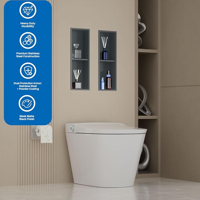 Narrow Shower Niche for Tiny Bathroom Storage, No Tile Needed,Recessed Wall Niche, Double Shelves, Stainless Steel, (Black, 24 * 8 in)