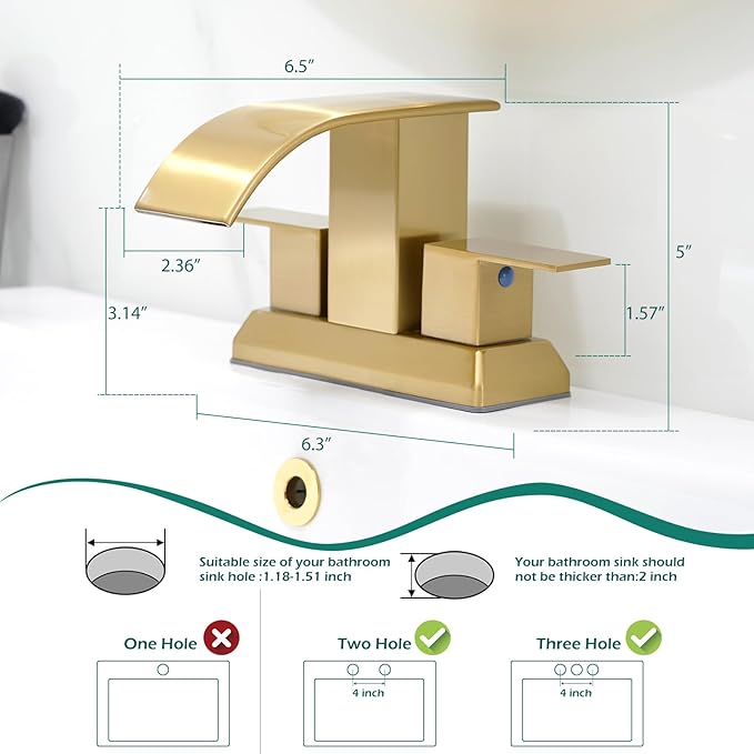 Hoimpro 3 Holes 4 Inch Bathroom Faucet, Waterfall Brushed Gold Two Handles Centerset Sink Faucet with cUPC Supply Hoses and Pop Up Drain
