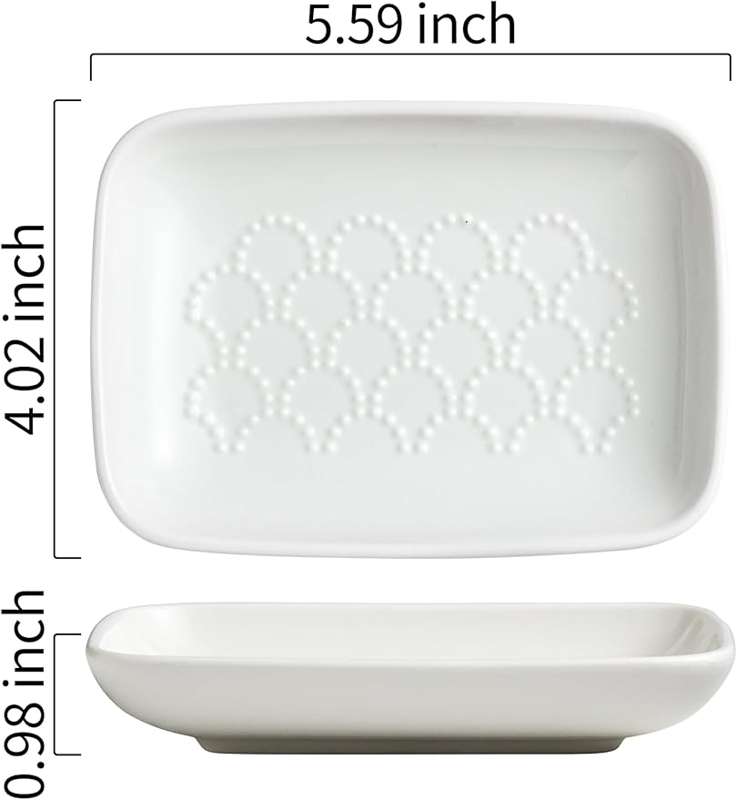 Gomakren Ceramic Soap Dish with Raised Scalloped Design, Versatile Soap Holder & Tray for Bathroom and Kitchen Sink, Prevents Soggy Soap, Rustic Modern Decor, Easy to Clean, White (5.59" x 4.02")