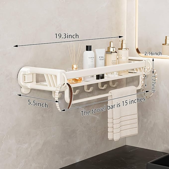 16" Shower Caddy Suction Cup, Concealed Shower Shelves Suction Cup with Hooks & Towel Bar, NO-Drilling Suction Shelf for Bathroom & Kitchen - White