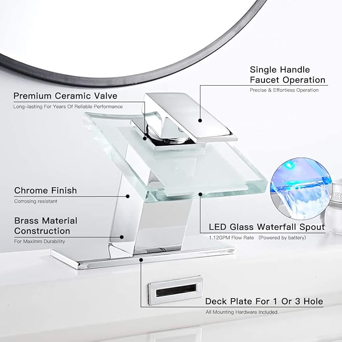 Bathroom Sink Faucet LED Light 3 Colors Changing Waterfall Glass Spout Hot Cold Water Mixer Single Handle One Hole Deck Mounted Bathroom Faucet Chrome Lavatory Vanity Basin Bath Plumbing Fixtures