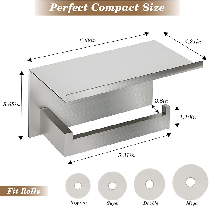 Wall Mounted Toilet Paper Holder with Shelf, Brushed Nickel Bathroom Tissue Roll Holder Storage Organizer for Phone, Book, Plant, Extra Roll, Easy Mount Hardware Included