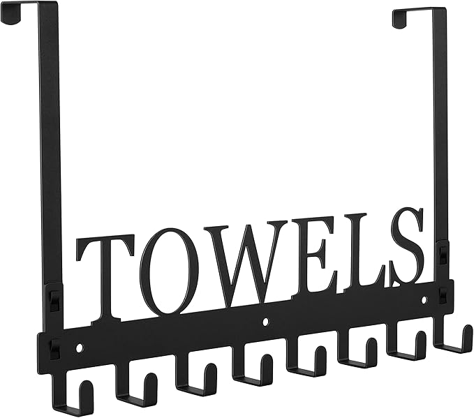Over The Door Hooks, Towel Rack for Bathroom Towel Holder for Hanging Heavy Duty, Wall Mount Towel Hanger with 8 Hooks for Bedroom Bathroom Pool Kitchen Towels, Bag, Coats, Black