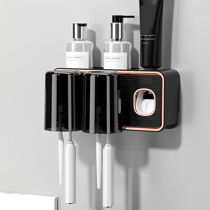 Toothbrush Holder with Toothpaste Dispenser, Wall Mounted Tooth Brush Organizer with 2 Brush Slots, Self Adhesive Toothbrush Holder for Shower (Black)