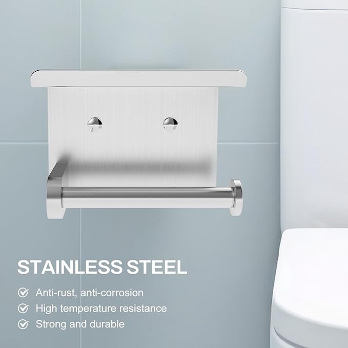 SetSail Toilet Paper Holder with Shelf Adhesive or Screw-in Bathroom Toilet Paper Roll Holders Wall Mount Heavy-Duty Brushed Nickel Tissue Holder for Bathroom Hardware Accessories