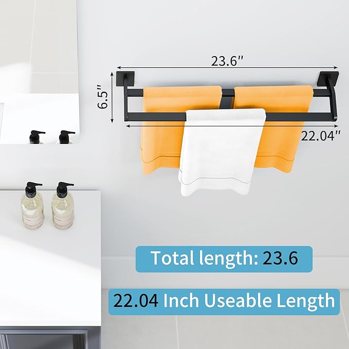 Double Towel Bar 24 Inch, Heavy Duty Stainless Steel Double Towel Racks for Bathroom Wall Mounted, Space Saving Bathroom Towel Holder Rod, Matte Black