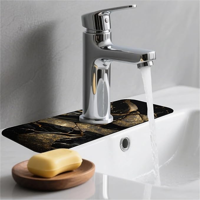 Kitchen Sink Splash Guard，Black and metallic gold marble Faucet Mat Sink Gadgets-Super Absorbent Fast Drying Mat Drip Catcher for Kitchen, Bathroom,Sink Mat, Dish Drying Mat, Bathroom(15" X 5.5" )