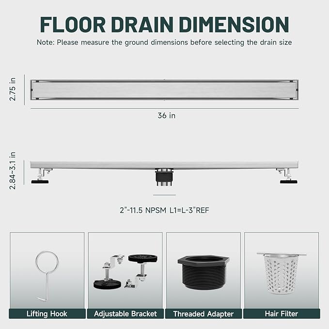36-Inch Linear Shower Floor Drain, Stainless Steel Bathroom Floor Drains, Rectangular Shower Trench Floor Drain, Hair Strainer, Brushed Nickel