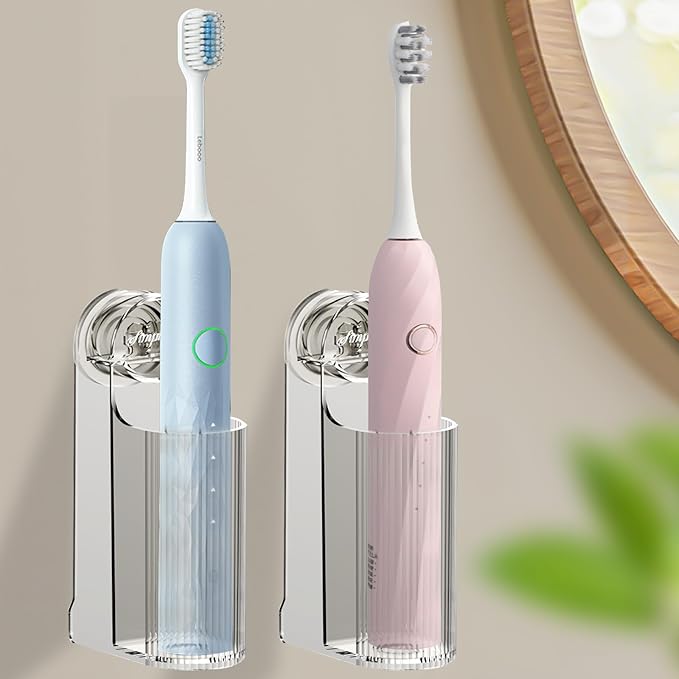 2 Pack Electric Toothbrush Holders for Bathroom, Wall Mounted Clear Electric Toothbrush Organizer, Self Adhesive Bathrooms Toothbrush Storage for Shower, Saving Space and Keep Drying (Grey)