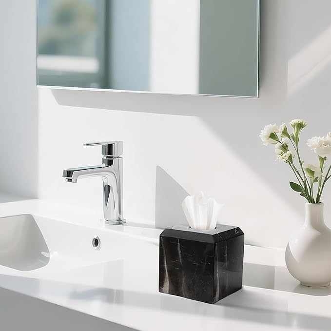 WORHE Tissue Box Cover Italy Natural Marble Heavy Duty Square Facial Toilet Paper Holder for Bathroom Living Room Bedroom Dresser Kitchen Minimalistic Office Home Decor Black (WH013)