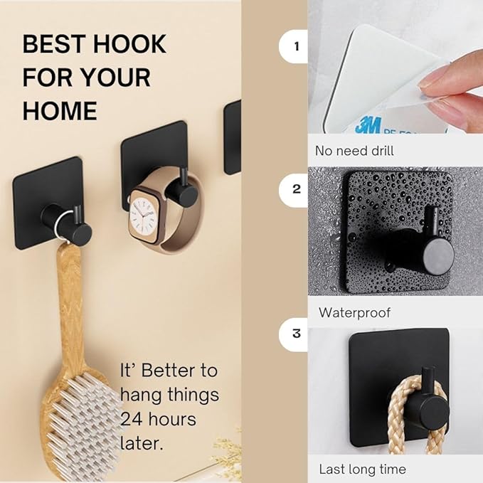 Miliocry 6 Packs Bathroom Towel Hooks, Adhesive Hooks Heavy Duty Wall Hook, Waterproof Stainless Steel Towel Hanger Robe Hat Coat Holder, Wall Mount Hooks for Bathroom,Bedroom,Kitchen(Black-Square)