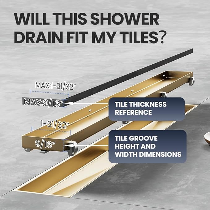Linear Shower Drain 40 Inch Gold, Brushed AISI 304 Stainless Steel Shower Drain with 2-in-1 Tile Insert Panel, for Bathroom, Kitchen, Garage & More