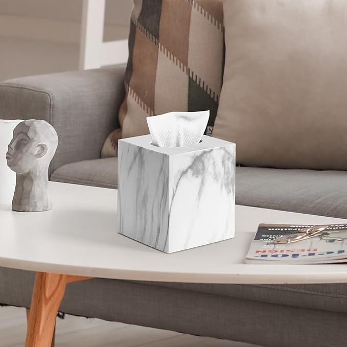 Tissue Box Cover, Square Facial Acrylic Tissue Holder with 2 Pack Clear Qtip Holder Dispenser, Bathroom Vanity Dresser Night Stand Essentials Accessories Decor, Modern Farmhouse Decor, Marble