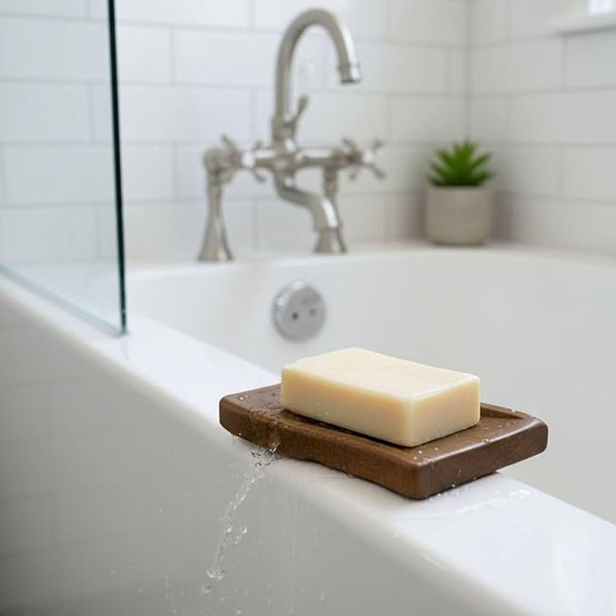 Soap Dish, Wooden Soap Holder with Wave Design for Fast Drainage & Non-Slip Base, for Shower, Bathroom, and Kitchen Sink