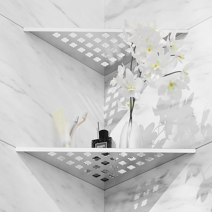 Corner Shower Shelf 10" Slot Design Recessed Shower Shelves for Tiled Wall, 2 Pack 304 Stainless Steel Corner Shelves for Bathroom Organizer (Silver, Floral)