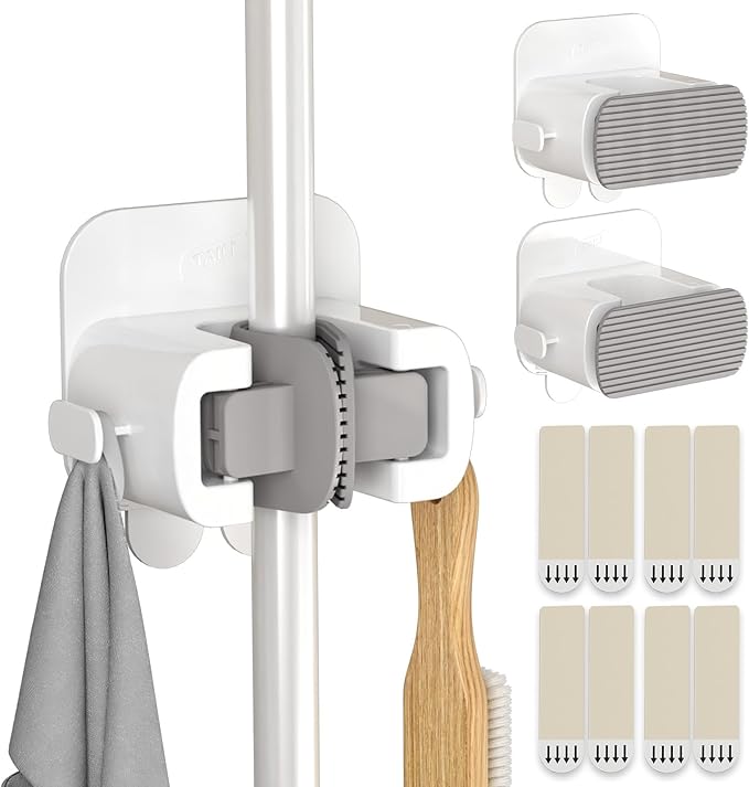 TAILI Mop and Broom Holder Wall Mount Grippers, 3 Hangers and 8 Adhesive Strips, Damage Free Hanging Wall Mount, Household Cleaning Organizer for Organization and Storage, Holds up to 4 lbs, Grey