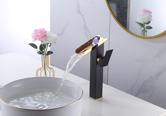 Bathroom Vessel Sink Faucet LED Light Black Gold,Hydropower LED 3 Colors Changing Waterfall Spout, Hot and Cold Water Mixer, Single Handle Single Hole Commercial Residential Bathroom Tap Faucet