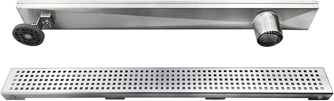 Neodrain 36-Inch Offset Side Outlet Linear Shower Drain with Quadrato Pattern Grate Cover, Brushed 304 Stainless Steel Rectangle Shower Floor Drain, with Leveling Foot, Hair Strainer Catcher