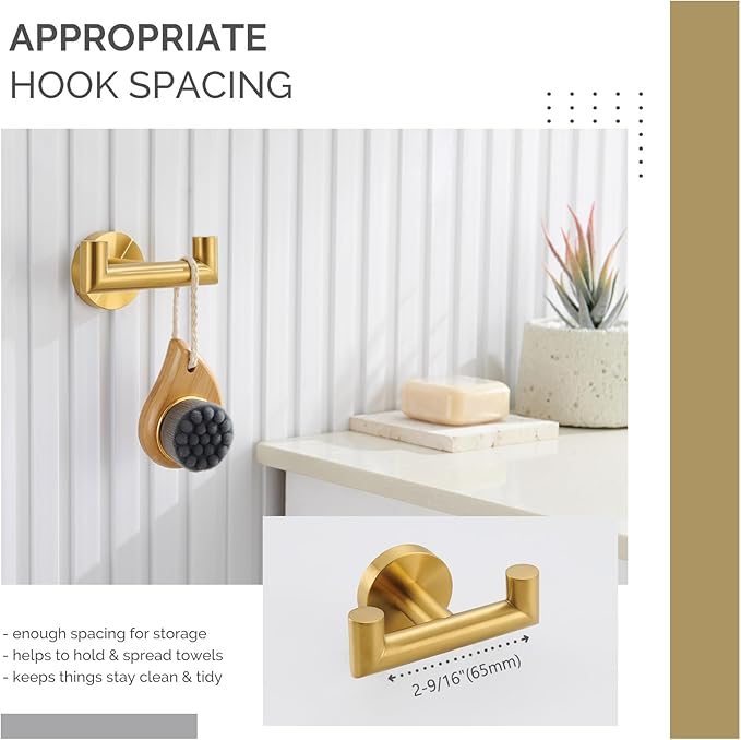 Angle Simple Bathroom Double Hook Brushed Dark Gold, SUS304 Stainless Steel Bath Towel Holder, Double Robe Hanger Wall Mount