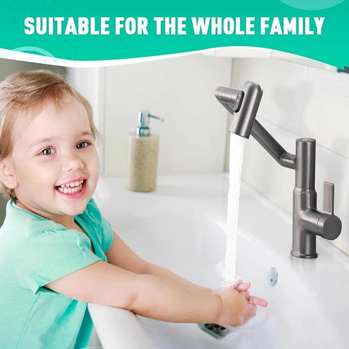 Rotatable Bathroom Faucet with Temperature Display in Fahrenheit(Batteries-Free), Height Adjustable Sink Smart Faucet with 3 Water Settings for Bathroom RV Lavatory Vanity Sink, LCF-2401, Matte Grey