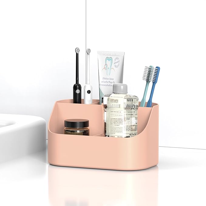Toothbrush Holders for Bathrooms, Toothpaste and Electric Tooth Brush Holder Storage Caddy for Shower, 5 Slots Cute Bathroom Countertop Makeup Organizer for Vanity, Pink Bathroom Accessories Decor
