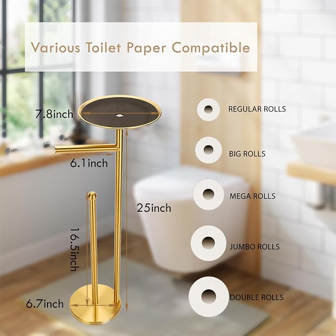 Toilet Paper Holder Freestanding with Big Shelf, 4 Rolls Reserve Paper Holder Stand, Modern Paper Roll Holder with Storage Space for Phones (Gold)