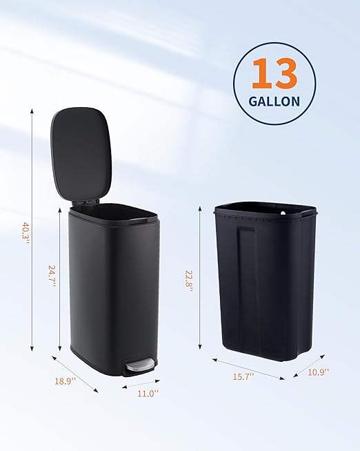 3.2 Gallon / 12 Liter Trash Can Stainless Steel Garbage Can with Removable Inner Bucket for Offices, Hands-Free Kitchen Step Trash Can for Kitchen & Bathroom, Black
