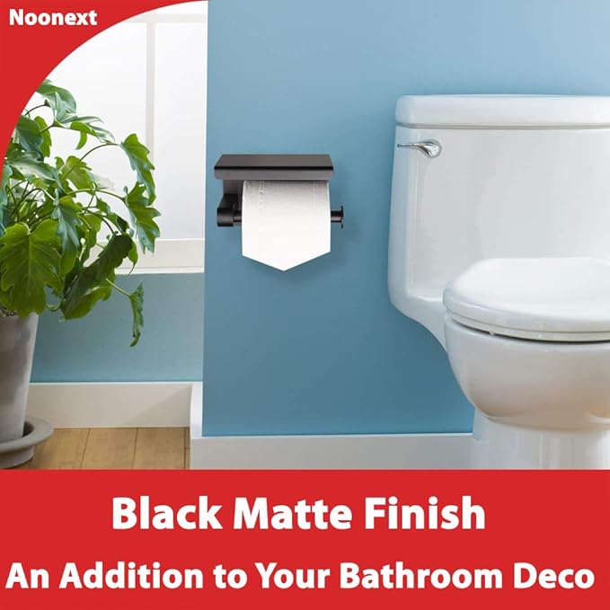 Matte Black Toilet Paper Holder Adhesive, Toilet Paper Roll Holder with Shelf, 3M Adhesive No Drill or Wall-Mounted with Screws for Bathroom & Kitchen