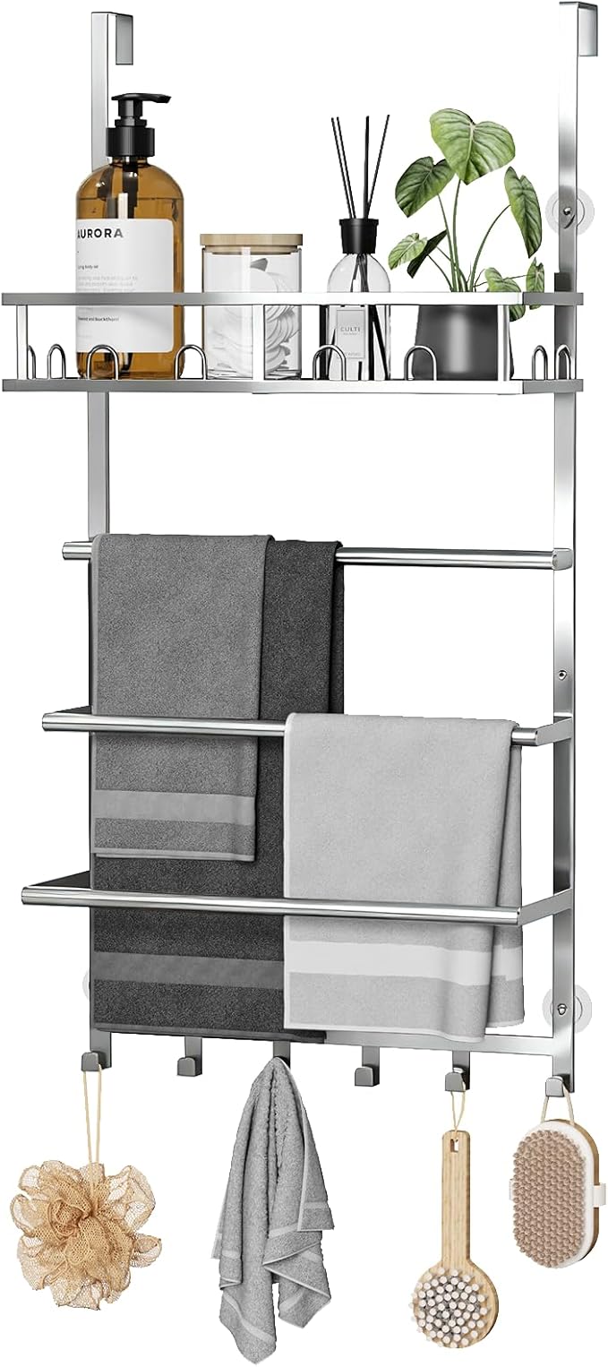 Towel Racks for Bathroom Over The Door Towel Rack Towel Storage with Metal Shelf Basket and Hooks Silver