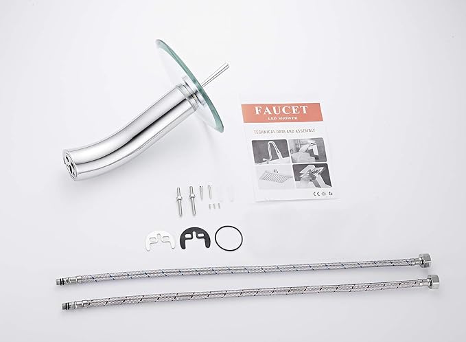 Bathroom Vessel Faucet Chrome Waterfall Glass Spout Single Handle One Hole Bowl Sink Faucet Tall Body Vanity Lavatory Basin Mixer Tap with Supply Hose Deck Mount Commercial