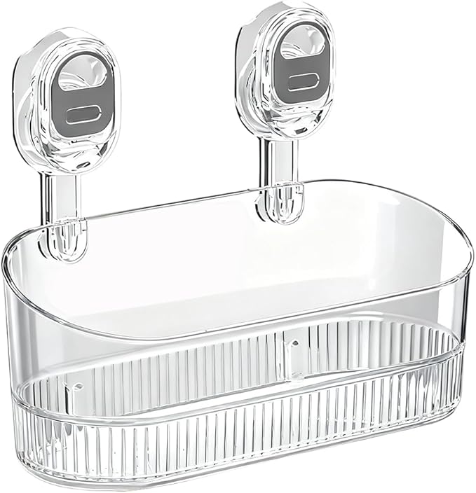 2026 New No-Drill Bathroom Suction Storage Box, Large Capacity Strong Load-Bearing Suction Cup Storage Rack with Drain Holes, Removable Shower Caddy Hanging Wall Mount Kitchen Organizer (1, Clear)
