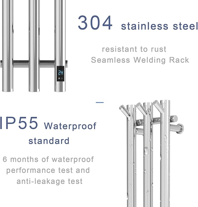 Electric Heated Towel Rack with Timer, Wall-Mounted Towel Warmer, 3 Vertical Bars, Silver, Plug-in or Hardwired, 38 Inch Height, Round Design (Polish)