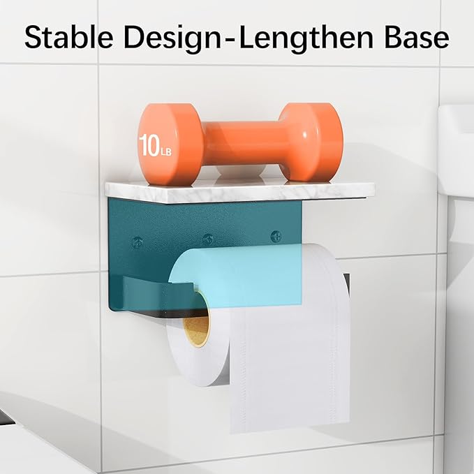 Toilet Paper Holder with Shelf, Extended Base Wall Mounted, Marble Toilet Roll Holder Black for Bathroom Washroom