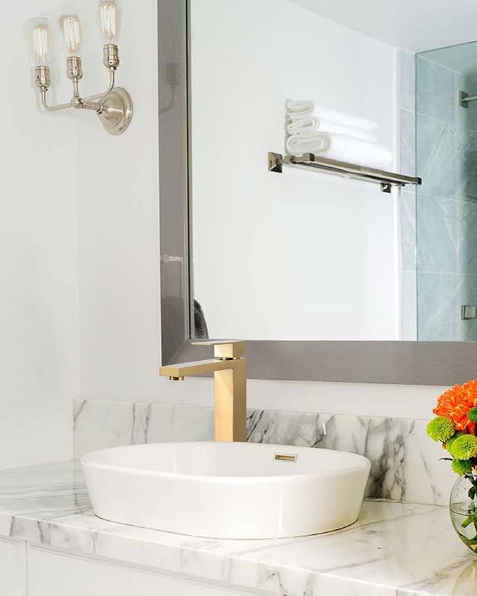 ARCORA Vessel Sink Faucet Brushed Gold, Single Handle Tall Bathroom Faucet, Single Hole Lavatory Vanity Mixer Tap with Pop Up Drain and Supply Lines