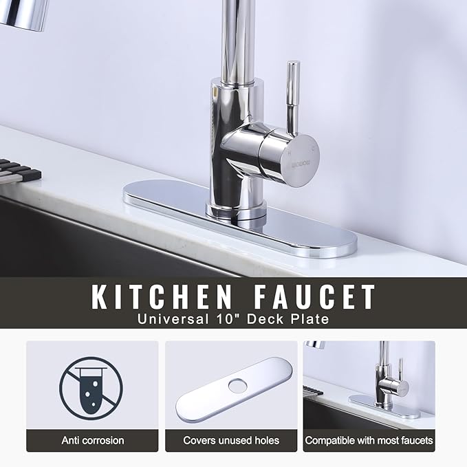 10" Sink Faucet Hole Cover Deck Plate (Arc Edge) for Kitchen & Bathroom Vanity Sink, Faucet Chrome Escutcheon Plate Stainless Steel Outside Faucet Cover Cap for 1 or 3 Hole Mixer Tap