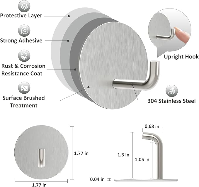 VIS'V Adhesive Hooks, Small Metal Shower Wall Stick on Hooks, Waterproof, 2 Extra Adhesive Strips, Round, Silver, 4 Pcs