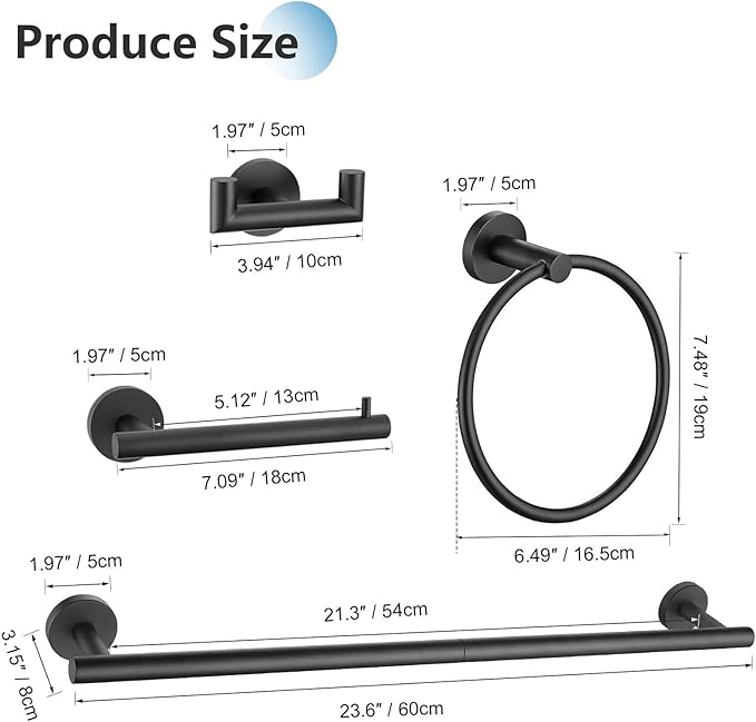 TNOMS 5 Pieces Towel Bar Set Matte Black Bathroom Hardware Accessories Set Stainless Steel Towel Racks Set for Bathroom,Wall Mounted 23.6 Inch Bathroom Hardware Set