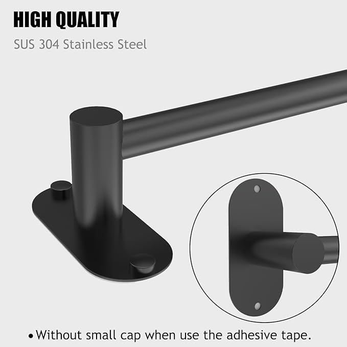 Towel Bar, Adjustable 14.4inch - 25.2inch Towel Rack, Self Adhesive Wall Mounted for Bathroom Kitchen Hand Towel Holder Cloths Hanger 304 Stainless Steel Organizer Single Bar (1, Matte Black)