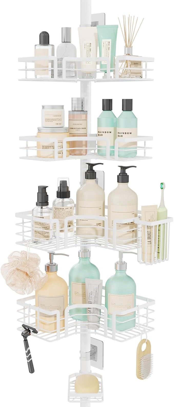 SWTYMIKI Shower Caddy Tension Pole - 4-Tier Corner Shower Organizer Tension Rod with Soap Holder, Toothbrush Holder & 4 Hooks, Adjustable Stainless Steel Bathroom Organizer 27.6 to 108.3 inch, White