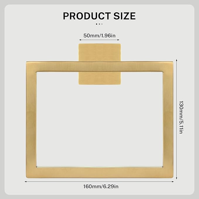 Brushed Gold Towel Ring,Square Hand Towel Holder,Towel Hanger, Bathroom Hardware Accessories,Stainless Steel Wall-Mounted Towel Rack