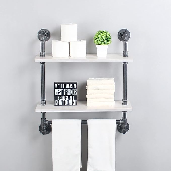 Iron Pipe Shelves Industrial Bathroom Shelves with Towel bar,24in Rustic Metal Pipe Floating Shelves Pipe Wall Shelf,2 Tier Industrial Shelf Wall Mounted,Retro White